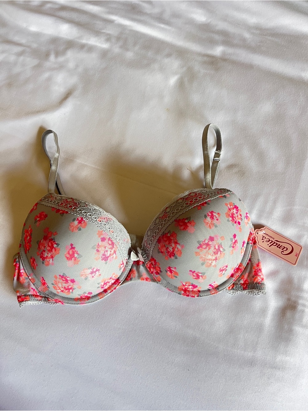 Brand New (Original $28) Candie’s Grey Pink Floral Print Demi Push Up Bra 36C